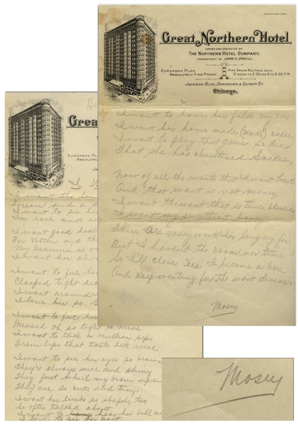 Moe Howard Handwritten Love Poem to His Wife Helen Entitled ''I Want'' & Signed ''Mosey'' -- From the 1930s on Chicago Hotel Stationery -- 2pp. on Two 6'' x 9.5'' Sheets, Very Good